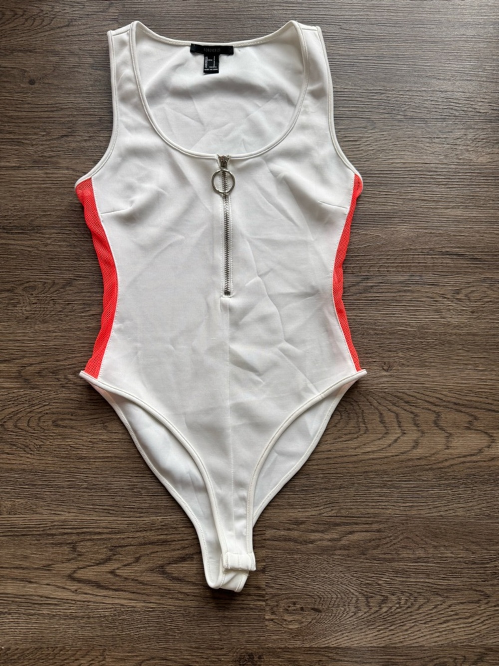 Forever 21 White Zip Front Bodysuit Neon Mesh S NWOT